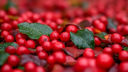 Red berries and green leaves cluster closeup