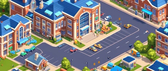 Colorful urban layout with buildings and roads.