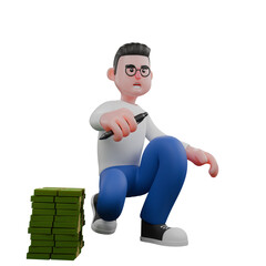 Cameraman Artwork in Creative 3D Cartoon Design Style.  A Male Cameraman crouches with a camera in front of him while his hands seem to want to take his camera . Illustration