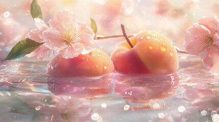 Peach and pink colors, two peaches floating in the water with flowers blooming on them, a sparkling light background, a dreamy scene, an anime aesthetic, a kawaii art style, a cute cartoon design