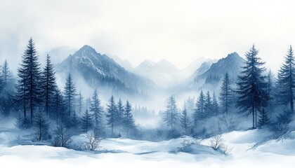 Fototapeta premium Serene Winter Landscape with Snowfall and Pine Trees in Watercolor Style