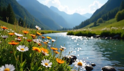 Serene river winding through a lush green valley, crystal-clear waters reflecting the distant snow-capped peaks, and wildflowers blooming along the riverbanks.