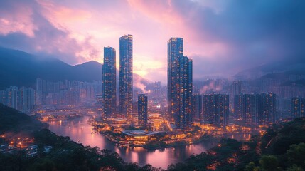 Obraz premium Minimalist urban architecture showcasing sleek reflective skyscrapers in modern design emphasizing vertical lines and geometric symmetry