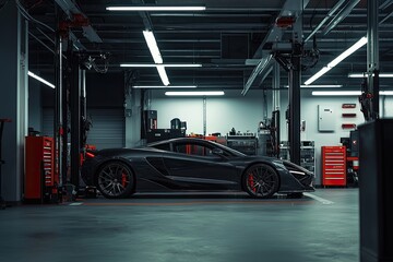 Fototapeta premium Car repair shop interior with cars on car lifts and modern lighting, in a gray color scheme. Modern automotive workshop background