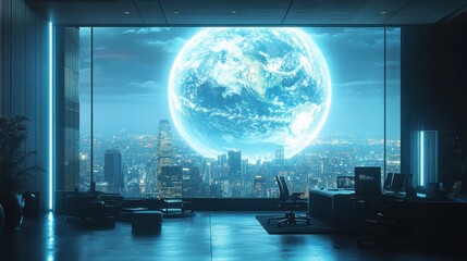 Futuristic Office Environment with Holographic Technology and Digital Data Analysis