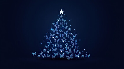 A stylized blue Christmas tree made of butterflies, topped with a shining star against a dark background.