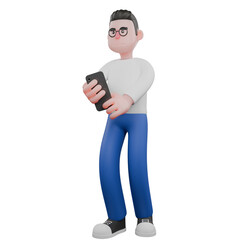 3D Creative Cartoon Cameraman Artwork Design Style Model. A Male Cameraman stands with both hands holding a ring light, serious expression. Illustration