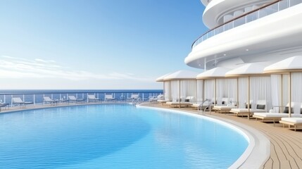 Modern poolside area with lounge chairs and ocean view.