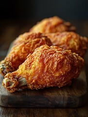Close-up of Crispy Fried Chicken Drumsticks on a Wooden Board.