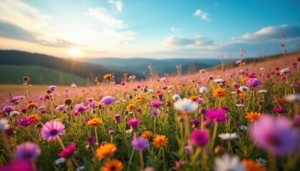 Naklejka premium Wildflower meadow in full bloom, a kaleidoscope of vibrant pinks, purples, and yellows, stretching as far as the eye can see with distant hills and a bright blue sky. 