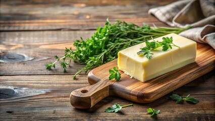 Creamy stick of butter on a wooden cutting board surrounded by fresh herbs, dairy, cooking, ingredient, spread, yellow