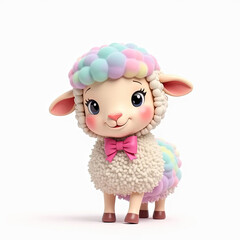 Obraz premium Cute cartoon sheep with a pink bow and rainbow-colored wool, standing on a white background.