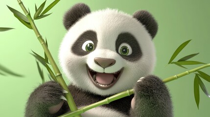 Obraz premium Cute panda holding bamboo with a joyful expression.