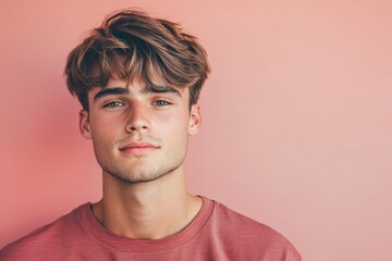 Fototapeta premium Portrait of a Young Man with Stylish Hair Against a Soft Pink Background