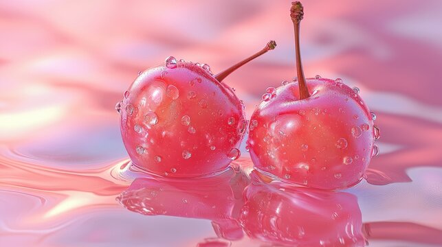 Sakura Water Photography, Light pink background, Surreal Still life photography, macro shooting tropical fruit, Translucent texture, zbrush style 