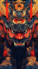 Ornate Asian Demon Mask Artistic Rendering