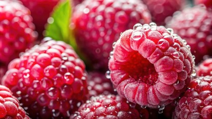 Extreme close up of fresh raspberries with droplets of water , raspberries, close up, macro, food, fruit, red, juicy, organic