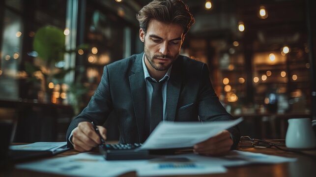 Businessman Calculating Real Estate Estimates with Document and Calculator