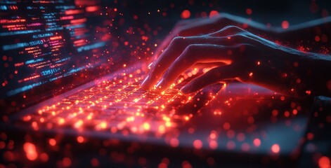Futuristic Digital Workspace with Coding Programmer on Laptop Surrounded by Glowing Data Streams and Cyberpunk Aesthetic
