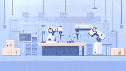Futuristic Automated Factory with Industrial Robots and Conveyor Belts