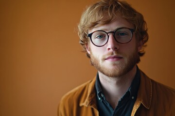Obraz premium Portrait of a Young Man with Glasses Against a Warm Orange Background
