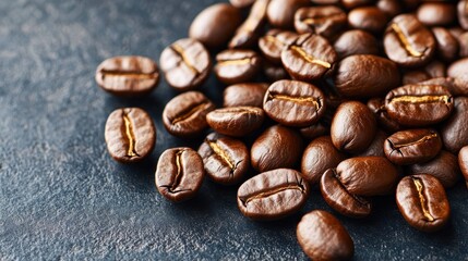Naklejka premium Close-Up of Roasted Coffee Beans on Dark Surface for Cafe Design