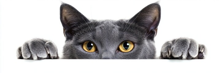 A curious gray cat peeking over a surface.