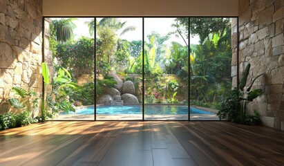 Tropical view from minimalist room with stone walls, hardwood floor, and pool.