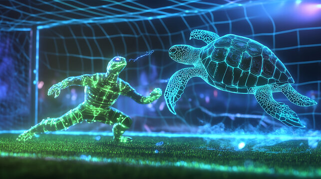 Futuristic Turtle and Cyborg Play Soccer Game