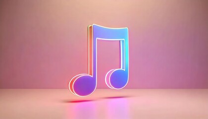 Neon music note icon on a soft colorful background.