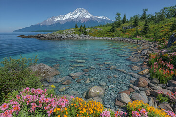 Serene coastal cove with clear turquoise water, rocky shore, wildflowers, and majestic snow-capped mountain in the background under a sunny sky.