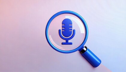 Blue magnifying glass over a microphone icon against a light background.