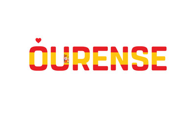 I Love Ourense, Typographic Design of I Love Ourense with a flag of Spain on a white background, Flag of Spain corporate in Ourense with heart, Ourense, I love Spain