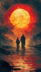 Watercolor illustration of guru blessing disciple on Guru Purnima in sunset hues
