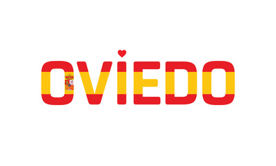 I Love Oviedo, Typographic Design of I Love Oviedo with a flag of Spain on a white background, Flag of Spain corporate in Oviedo with heart, Oviedo, I love Spain