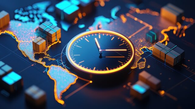 drop shipping store clock Concept. Glowing clock overlaying a detailed world map with shipping containers, symbolizing global logistics and time managem