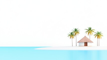 Fototapeta premium A serene beach scene with a hut and palm trees by turquoise water.