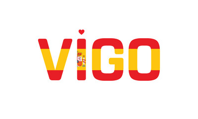 I Love Vigo, Typographic Design of I Love Vigo with a flag of Spain on a white background, Flag of Spain corporate in Vigo with heart, Vigo, I love Spain