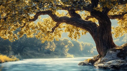 Fototapeta premium Majestic River Tree: A Serene Landscape