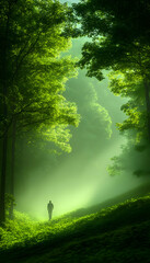 Obraz premium Solitary figure walking on a misty path through a lush green forest.