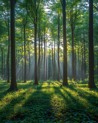 Sunbeams illuminate a misty forest, creating magical light and shadow patterns on the green ground cover.