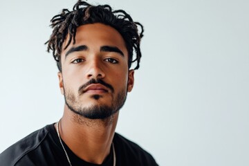Obraz premium Confident Young Man with Dreadlocks Posing Against a Minimalist Background