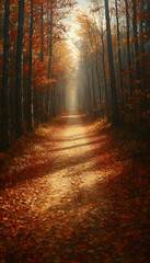 Fototapeta premium Sunlit autumn path through forest with red leaves.