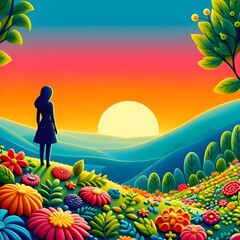 Woman Standing alone in Colorful Fantasy Nature