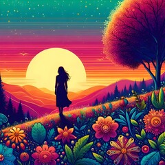 Woman Standing alone in Colorful Fantasy Nature