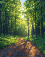 Obraz premium Sunlit path through lush green forest.