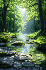 Obraz premium Sunlit stream flows through lush green forest, rocks and moss.