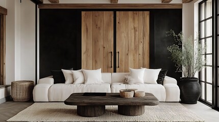 A cozy and inviting country living room with a large wicker sofa, a woven area rug, greenery in vintage planters, rustic wooden accents, and natural light creating a warm and refreshing feel,