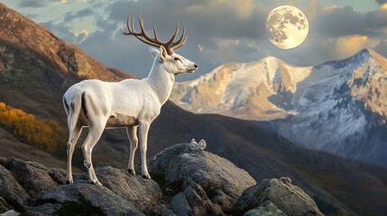 Fototapeta premium A majestic white deer with perfect antlers, on the mountain and the beautiful view of the full moon at night