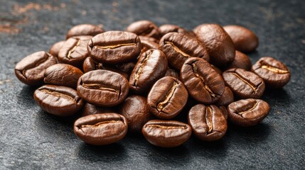 Obraz premium Close-Up of Roasted Coffee Beans on Dark Surface for Cafe Design